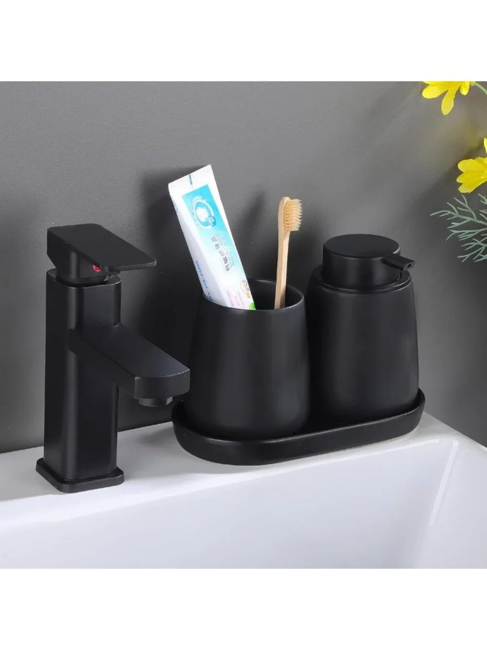 Matte Black Ceramic Vanity Tray - 8'' Round Soap Dispenser, Jewelry & Cosmetic